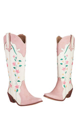 White Embroidered Knee High Wide Calf Chunky Heel Cowgirl Boots
