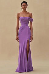 One Shoulder Purple Ruched Sheath Long Formal Dress with Slit