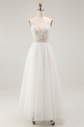 White A Line Spaghetti Straps Lace Engagement Dress