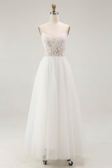 White A Line Spaghetti Straps Lace Engagement Dress