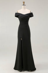 Black Off the Shoulder Mermaid Long Formal Dress with Slit
