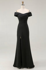 Black Off the Shoulder Mermaid Long Formal Dress with Slit