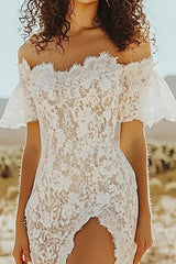 White Western Off the Shoulder Lace Boho Wedding Dress with High Slit