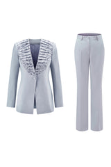 Grey Blue Long Sleeve 2 Piece Women Prom Suit