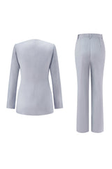 Grey Blue Long Sleeve 2 Piece Women Prom Suit