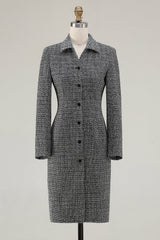 Dark Grey Tweed Pencil Business Casual Dress with Long Sleeves