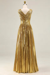 Metallic Gold Pleated A-Line V-Neck Formal Dress With Slit