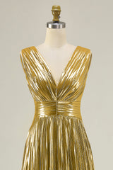 Metallic Gold A-Line Pleated V-Neck Prom Dress
