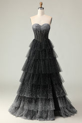 Black White Dot Sweetheart Corset Tiered A-Line Prom Dress With Slit