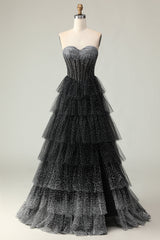 Black White Dot Sweetheart Corset Tiered A-Line Prom Dress With Slit