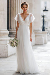 Ivory V-Neck A-Line Tulle Wedding Dress