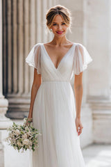 Ivory V-Neck A-Line Tulle Wedding Dress