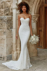 Lace Strapless Mermaid Ivory Wedding Dress With Sweep Train