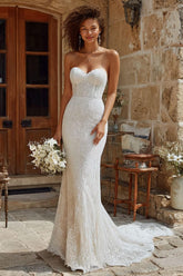 Ivory Strapless Corset Mermaid Lace Wedding Dress With Sweep Train