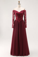 Cabernet A Line Long Sleeve Chiffon Mother Of the Bride Dress with Appliques