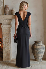 Black Sheath Ruched Long Formal Dress With Slit