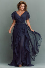 Navy A-Line Chiffon Ruched Maxi Dress With Flutter Sleeves