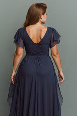 Navy A-Line Chiffon Ruched Maxi Dress With Flutter Sleeves