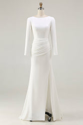 Ivory Ruched Long Sleeve Wedding Dress With Slit