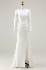 Ivory Ruched Long Sleeve Wedding Dress With Slit