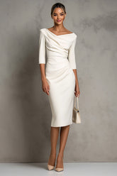 Ivory Sheath V-Neck Midi Dress With Half Sleeves