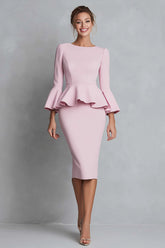Pink Pencil Ruffle Work Dress With Long Sleeves