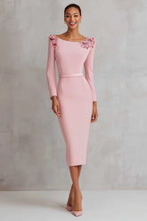 Pink Pencil Long Sleeve Work Dress With 3D Flowers