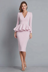 Pink V-Neck Pencil Ruffle Long Sleeve Work Dress