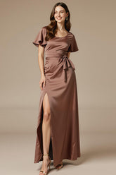 Satin Coffee Scoop Neck Maxi Wedding Guest Dress With Slit