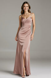 Desert Rose Sheath Spaghetti Straps Long Formal Dress With Slit
