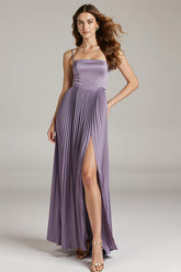 Light Purple Spaghetti Straps A-Line Pleated Maxi Dress With Slit