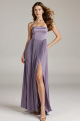 Light Purple Spaghetti Straps A-Line Pleated Maxi Dress With Slit