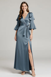 Dark Grey V-Neck Sheath Maxi Dress With Slit