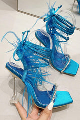 Sparkly Fuchsia Strappy Stiletto Heel Sandals with Feather
