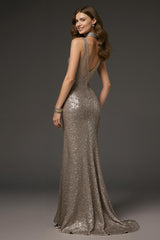 Sparkly Dark Silver Mermaid Formal Dress With Slit