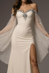 Ivory Beaded Long Sleeve Mermaid Formal Dress With Slit