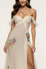 Off The Shoulder Ivory Appliqued Floral Prom Dress With Slit