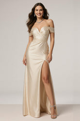 Off The Shoulder Champagne Ruched Sheath Formal Dress