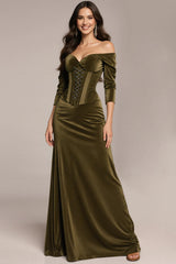 Off The Shoulder Green Velvet Formal Dress With 3/4 Sleeves