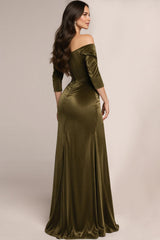 Off The Shoulder Green Velvet Formal Dress With 3/4 Sleeves