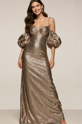Sparkly Cold Shoulder Brown Sheath Long Formal Dress