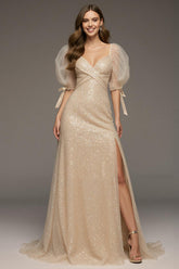 Champagne A-Line Puff Sleeve Maxi Dress with Slit