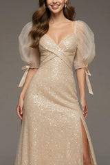 Champagne A-Line Puff Sleeve Maxi Dress with Slit