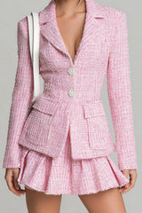 Pink 2-Piece Tweed Notched Lapel Skirt Suits