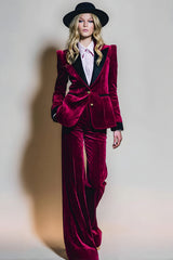 Velvet Burgundy 2 Piece Single Breasted Peak Lapel Prom Suits