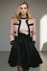 Black Pink 2-Piece Bow Tweed Skirt Suits With Pockets