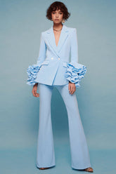 Blue 2-Piece Notched Lapel Women Suits With Ruffle Sleeves