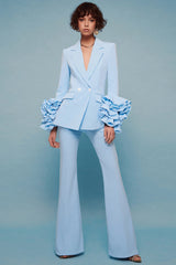 Blue 2-Piece Notched Lapel Women Suits With Ruffle Sleeves