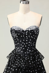 Black White Dot Corset Sweetheart Tiered Prom Dress With Slit