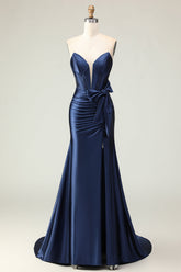 Navy Mermaid Ruched Strapless Prom Dress With Slit